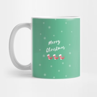 Merry Christmas Elf Shoes and Snowflakes on green Background Mug